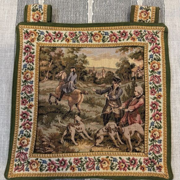 French style VTG Tapestry Wall Hanging Cottagecore Country Cottage Dog Horse - Picture 1 of 6